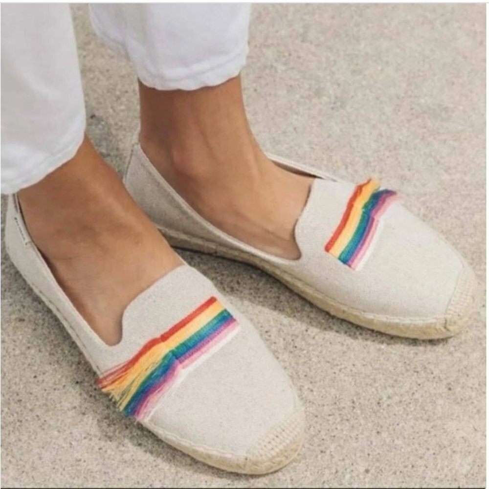 new! soludos espadrilles slip ons smoking flat loafer rainbow striped fringe